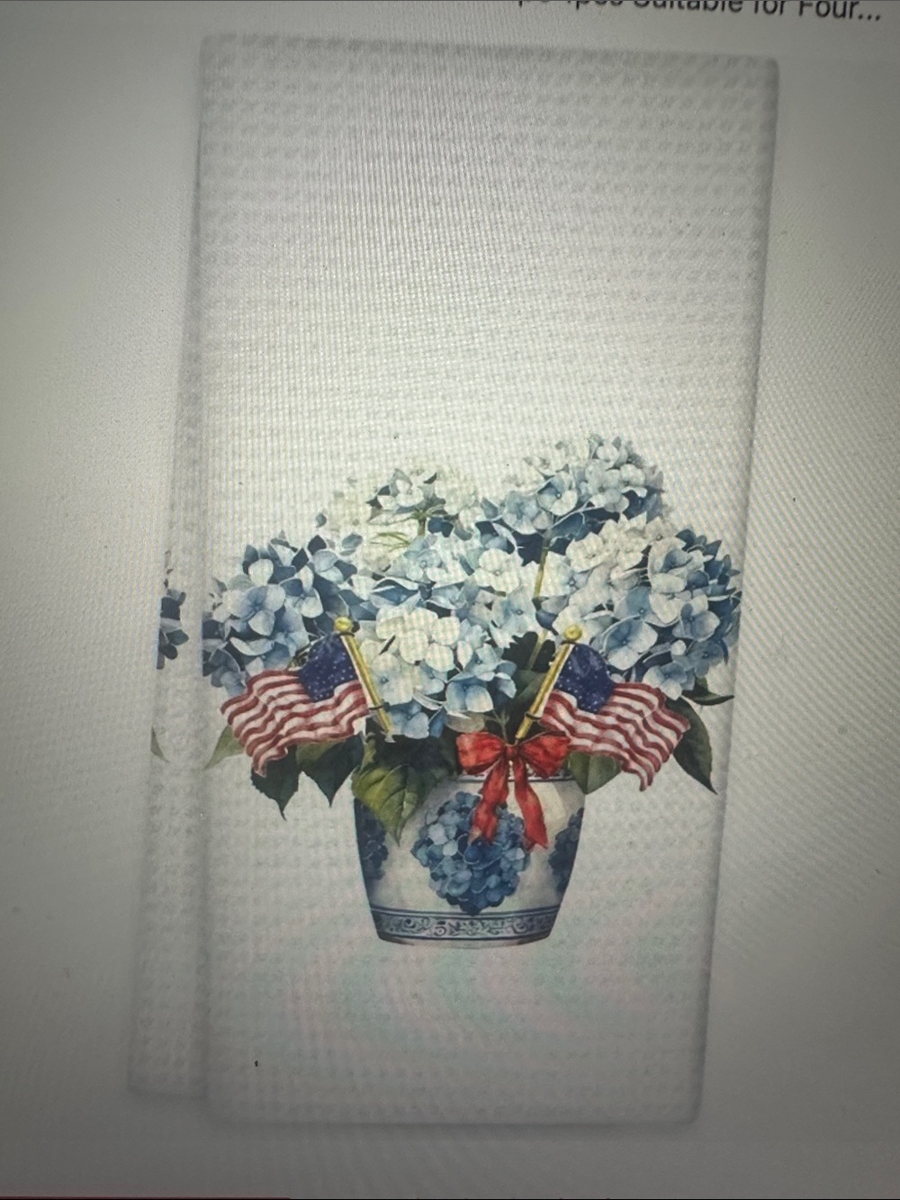 White Hand Towel with Blue Hydrangea Bouquet and American Flags